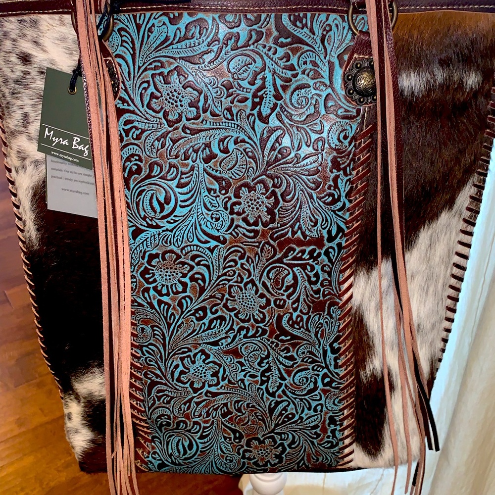 Myra Genuine Leather & Cowhide Fringe Tote Western Boho Purse NWT